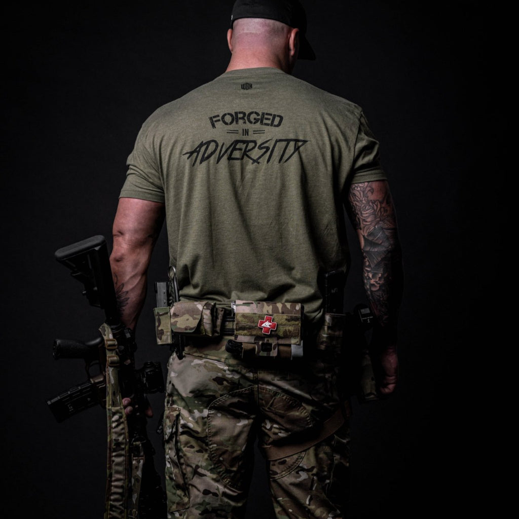 WE GO HOME FORGED IN ADVERSITY T-SHIRT - BLACK/RANGER GREEN